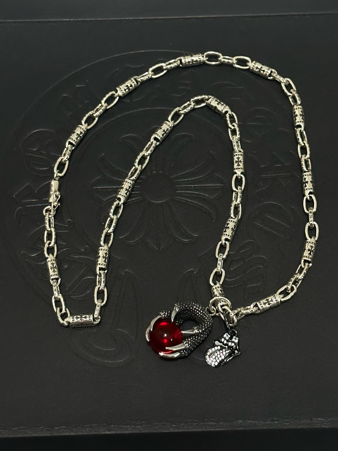 Chrome Hearts Silver Dragon Claw Necklace with Red Gemstone